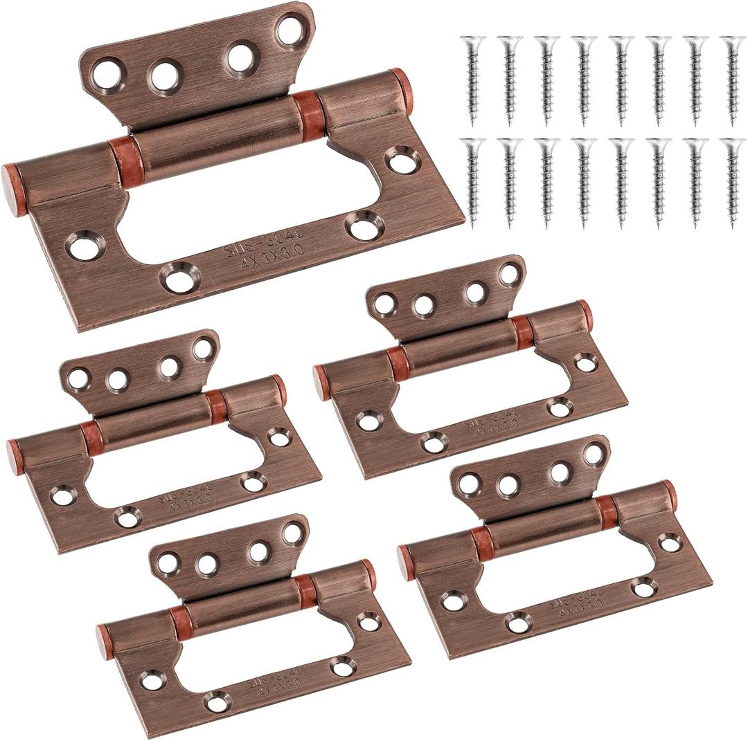 5 Pcs Flush Non-Mortise Hinges,Red Bronze Door Hinges with Screws,Stainless Steel Heavy Duty Smooth Movement Door Hinges (4 Inch x 3 Inch)