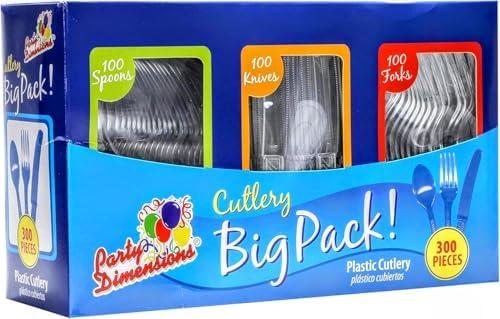 Party Dimensions 300 Count Plastic Cutlery Combo Box, Disposable Clear Plastic Silverware Utensils Set, 100 Forks, 100 spoons, 100 knives