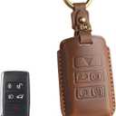 Leather Key Fob Cover with Keychain Compatible with Range Rover Evoque Sport Vogue Velar Defender Discovery 5 (BROWN) (Brown)