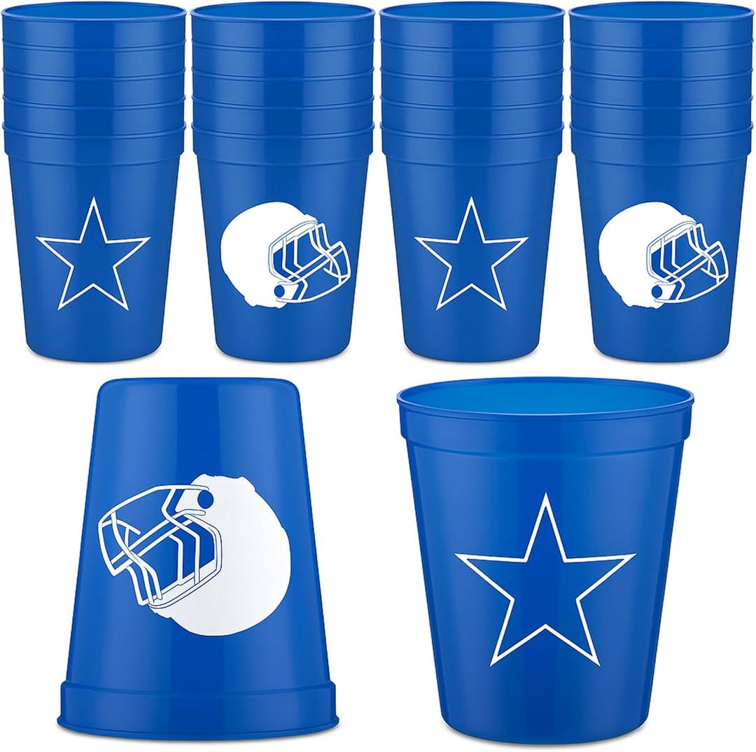 Bokon 24 Pcs Cow Boy Football Party Supplies Blue Football Plastic Cups Reusable 16oz Thickened Sports Birthday Party Drink Cups for American Rugby Game Day