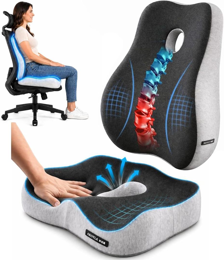 Seat Cushion and Lumbar Support Pillow Set, Back and Butt Support, Sciatica Relieving Coccyx Cushion, Hemorrhoid Cushion, Ergonomic Memory Foam Cushion&Pillow, Office Chair and Car Seat (Light Gray)