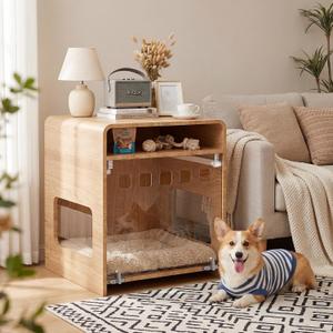 Dog Crate Furniture with Flip-Up Door & PET Panel for Small Dogs | Breathable Pet-Safe, Wooden Dog Cage End Table, Space-Saving Dog Kennel Indoor with Open Shelf Storage, Light Oak, 21"L x 24"W x 26"H