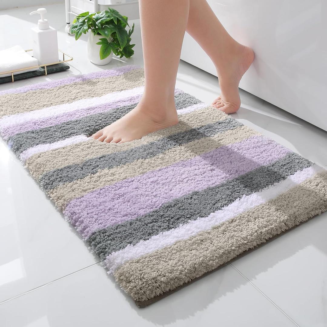 Buganda Microfiber Striped Bathroom Rugs Bath Mat, Extra Thick, Soft and Shaggy, Absorbent, Machine Washable, Bath Rugs for Bathroom, Tub and Shower, 30x20 Inches, Purple-Grey