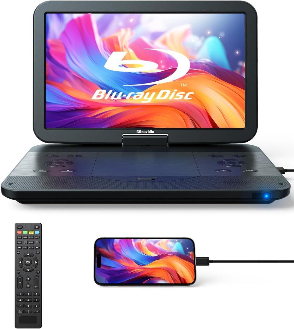17.6" Portable Blu Ray DVD Player with 15.4" Screen, HDMI Input/Output, Sync Screen, 5 Hours Playing Time, 1080P MP4 MKV Video, Surround Audio, USB SD