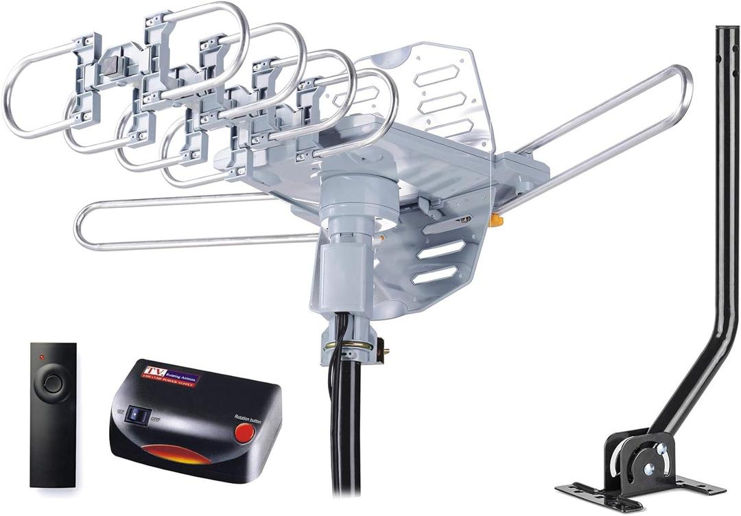 PBD WA-2608 Amplified Outdoor TV Antenna  Long Range with UHF/VHF, 360 Motorized Rotation, Remote Control, Mounting Pole, and 40FT RG6 Cable  Supports 4K, 1080P, Smart and Older TVs (2 Outputs)