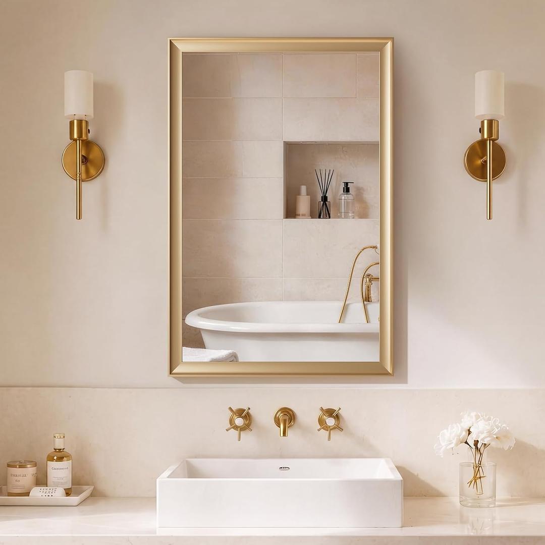 Gold Bathroom Mirrors for Over Sink 24x36 Inch, Brushed Gold Rectangle Vanity Mirror for Bedroom, Entryway, Living Room, Aluminum Alloy Framed, Inner Curved Wide Edge, Anti-Rust