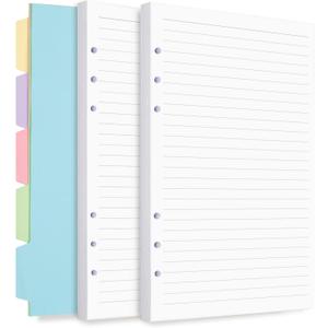 A5 Refill Paper, Planner Inserts for A5 Binder Budget Planner Journals Notebook, 6 Ring Loose Leaf Lined Paper with Binder Dividers, 240 Pages (White)
