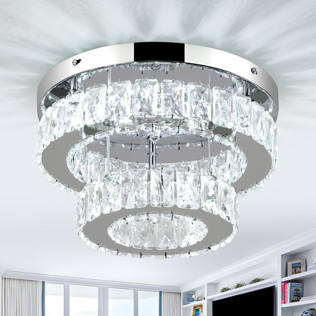 LEONTYNE 12 Inch Mini Chandelier LED Crystal Ceiling Light 2 Layers Flush Mount Ceiling Light Modern Chandeliers Lighting for Bedroom Hallway Staircase Kitchen Bathroom (6000K Cool White)