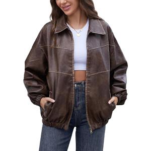 Bakyarder Womens Oversized Y2K Faux Leather Jackets Vintage Plus Size Fashion Motorcycle Coats Fall Fashion Outfits 2025 (Medium, Browns)