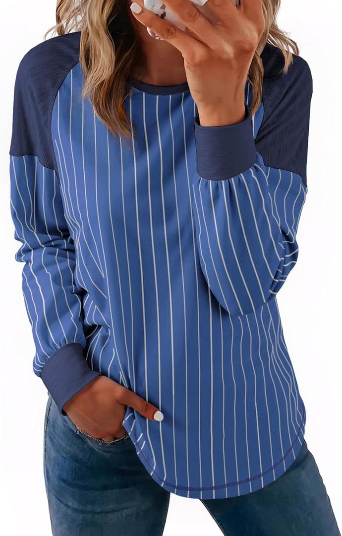 Acelitt Women Casual Striped Long Sleeve Crewneck Pullover Tshirts Tops,S-XXL (Blue, L)