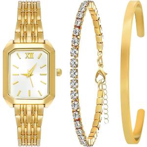 NEWITIN 3 Pieces Women Gold Watch Bracelets Set Fashion Costume Jewelry Stainless Steel Gold Plated Square Wristwatch Diamond Bangle Bracelet Watch Jewelry Set for Women
