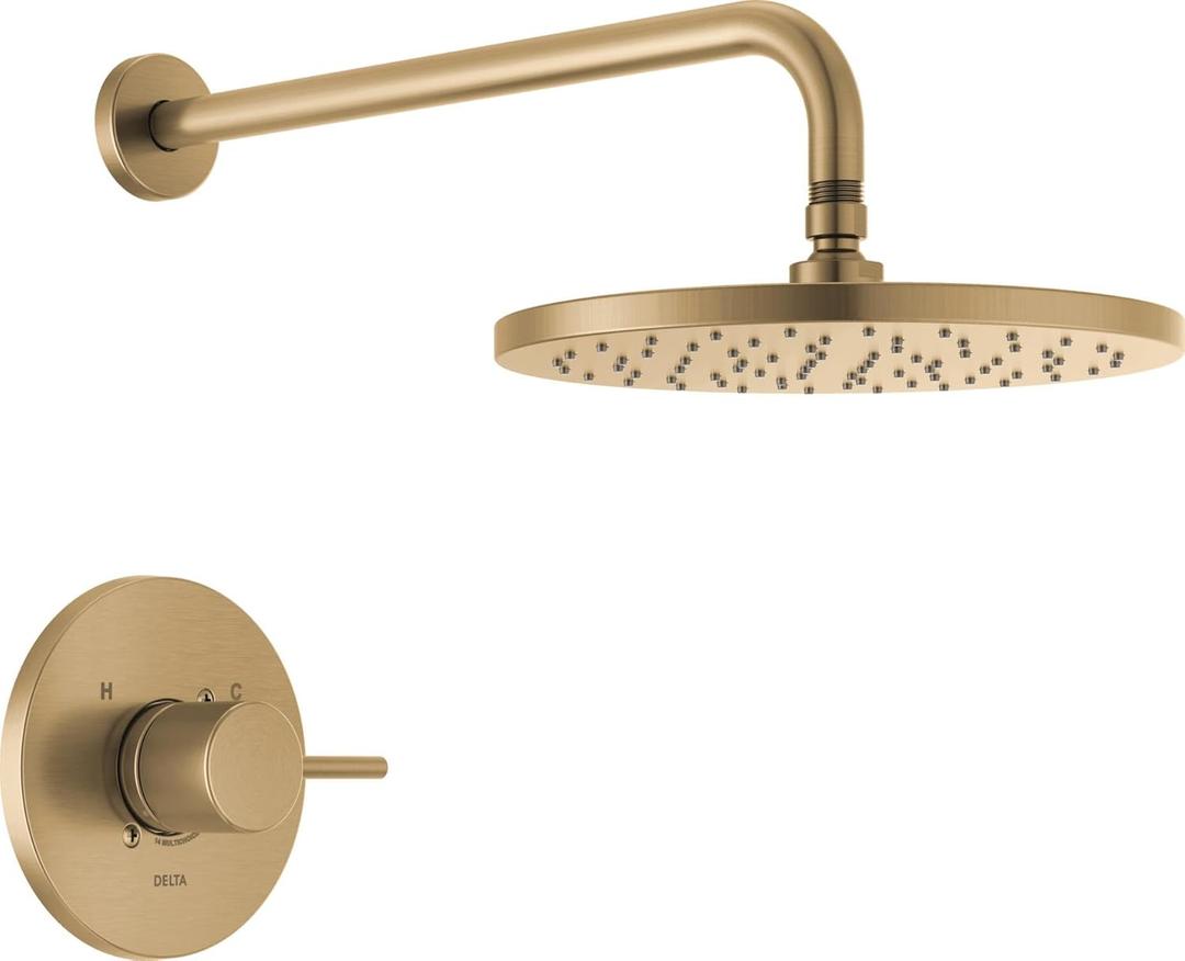 Delta Modern 14 Series Round Rain Shower Faucet Set, Brushed Gold Shower Head and Handle Set, Valve Trim Kit, Champagne Bronze T14269-CZ-PP (Valve Not Included)