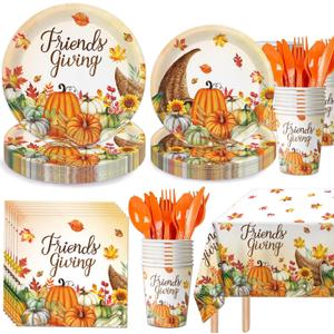 169PCS Friendsgiving Party Supplies Thanksgiving Disposable Dinnerware Set Paper Plates, Napkins, Cups, Cutlery, Tablecloth for Thanksgiving Party Decorations, Serve 24