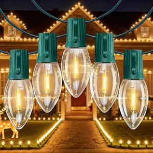 C9 Christmas Lights Outdoor, 50 FT 50 LED Vintage Warm White C9 String Lights Connectable for Christmas Tree Roofline Patio Garden Backyard Holiday Party Indoor Outdoor Decoration, Green Wire