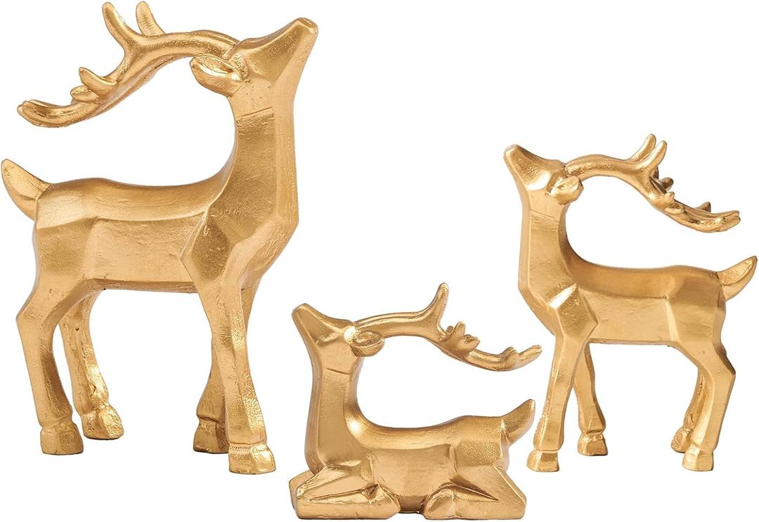 DN DECONATION 3pcs Reindeer Christmas Decoration Indoor, Gold Standing and Resting Deer Figurines Home Decor, Modern Resin Christmas Deer Statue for Table Decor Living Room Holiday Decorations