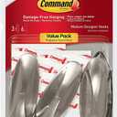 Command Medium Designer Hooks, Holds up to 3 lb, 3 Wall Hooks with 6 Command Strips, Brushed Nickel Color, Damage Free Hanging Hooks for Hanging Decorations in Living Spaces, 2 Pack