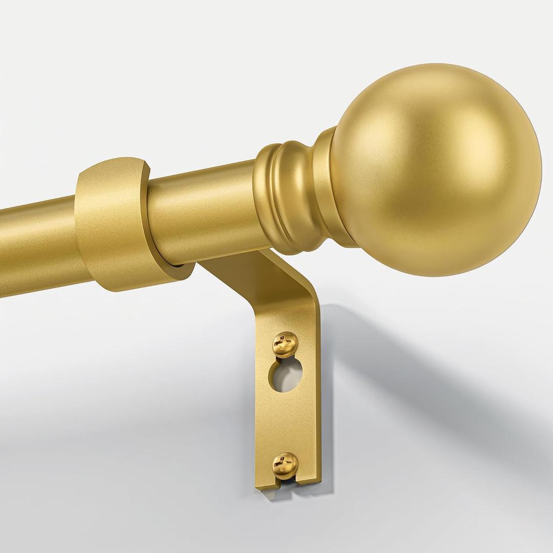 Modern Gold Curtain Rods for Windows 66 to 120 Inches Adjustable Length Heavy Duty 1" Diameter Long Window Curtain Rod with Round Decorative Finials for Bedroom Living Room Kitchen Farmhouse
