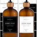 Vine Creations Amber Glass Soap Dispenser Set - Kitchen Soap Dispenser Set with Tray - Bamboo Dish Soap and Hand Soap Dispensers Set for Bathroom - Modern Kitchen Decor with Waterproof Labels