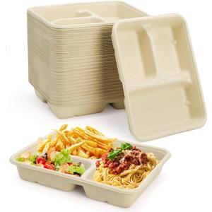Yesland 100 Pack Compostable Paper Plates, Natural Sugarcane 3 Compartment Plate, Heavy Duty Lunch Tray, Disposable Divided Sectional Trays, Microwave Freezer Safe for Party School