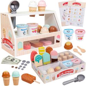 Wooden Ice Cream Set Counter Toy for Toddlers, Wooden Play Food Kitchen Accessories, Pretend Play Ice Cream Shop Toys for Kids Ages 3+, Play Store with Fake Money & Coin
