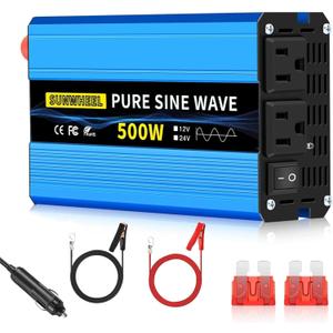SUNWHEEL 500W 24V Pure Sine Wave Inverter, DC 24V to AC 110V/120V Car Power Inverter, Peak Power 1000W Car Plug Adapter Outlet Converter with Dual AC Sockets and LCD Display