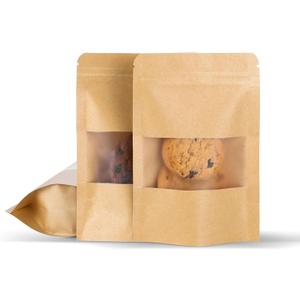 50 Pcs 4x6 Inch Kraft Paper Bags with Transparent Window, Stand Up Pouches,Smell Proof Bags,Resealable Bags for Small Business, Zipper Food Storage,for Packaging Snacks Cookies Candy (Brown)