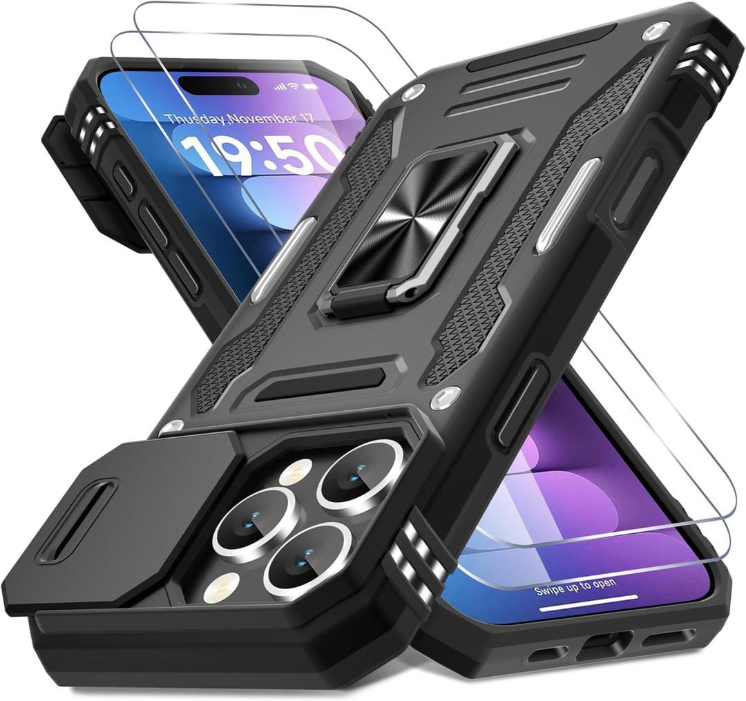 DEERLAMN Case for iPhone 16 Pro with Slide Camera Cover+Screen Protector(2 Packs), Rotated Ring Kickstand Military Grade Shockproof Protective Cover-Black
