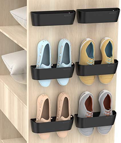 Yocice Wall Mounted Shoes Rack 6 Pack with Sticky Hanging Strips, Plastic Shoes Holder Storage Organizer, Door Shoe Hangers (SM03-Black-6)