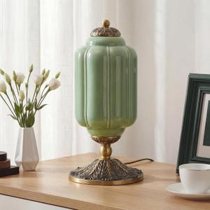 Milk Glass Table Lamp, Green, 15" | Modern Farmhouse Design, Antique Brass Finish Base, Desk Light for Living Room & Bedroom Decor