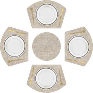 SHACOS Large Size Wedge Shape Placemats with Centerpiece Round Mat Set of 5 Round Table Place Mats Washable Dining Table Placemats Reversible, Beige (4 pcs 13.7"x19.6" Wedge+ 1 pc 14" Round)