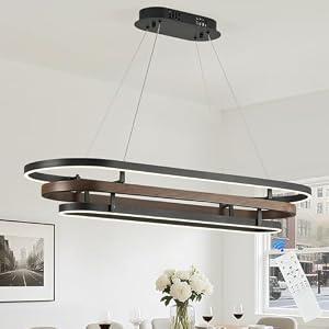 3 Ring LED Chandelier Black Rectangular Chandeliers 39in Wood Printed Oval Dining Room Chandeliers Over Table 70W Dimmable Rectangle Chandelier Light for Kitchen Island Study Room Home Office