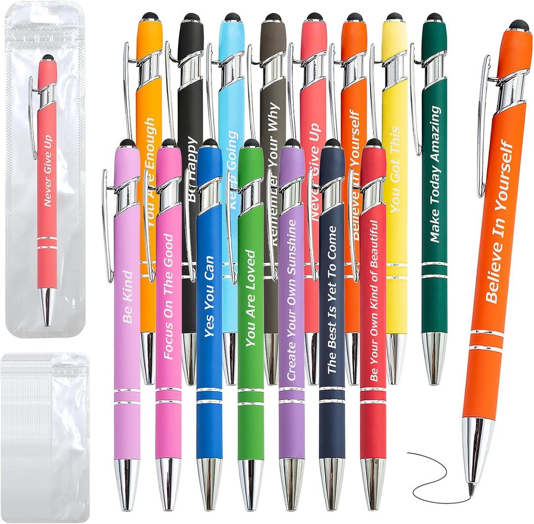 20 Pieces Inspirational Pens Kit - 10 Black Ink Pens Bulk, Bags Included - Motivational Pens Ballpoint with Stylus Tips - Inspirational Gifts Office School Supplies for Teachers Office Prizes