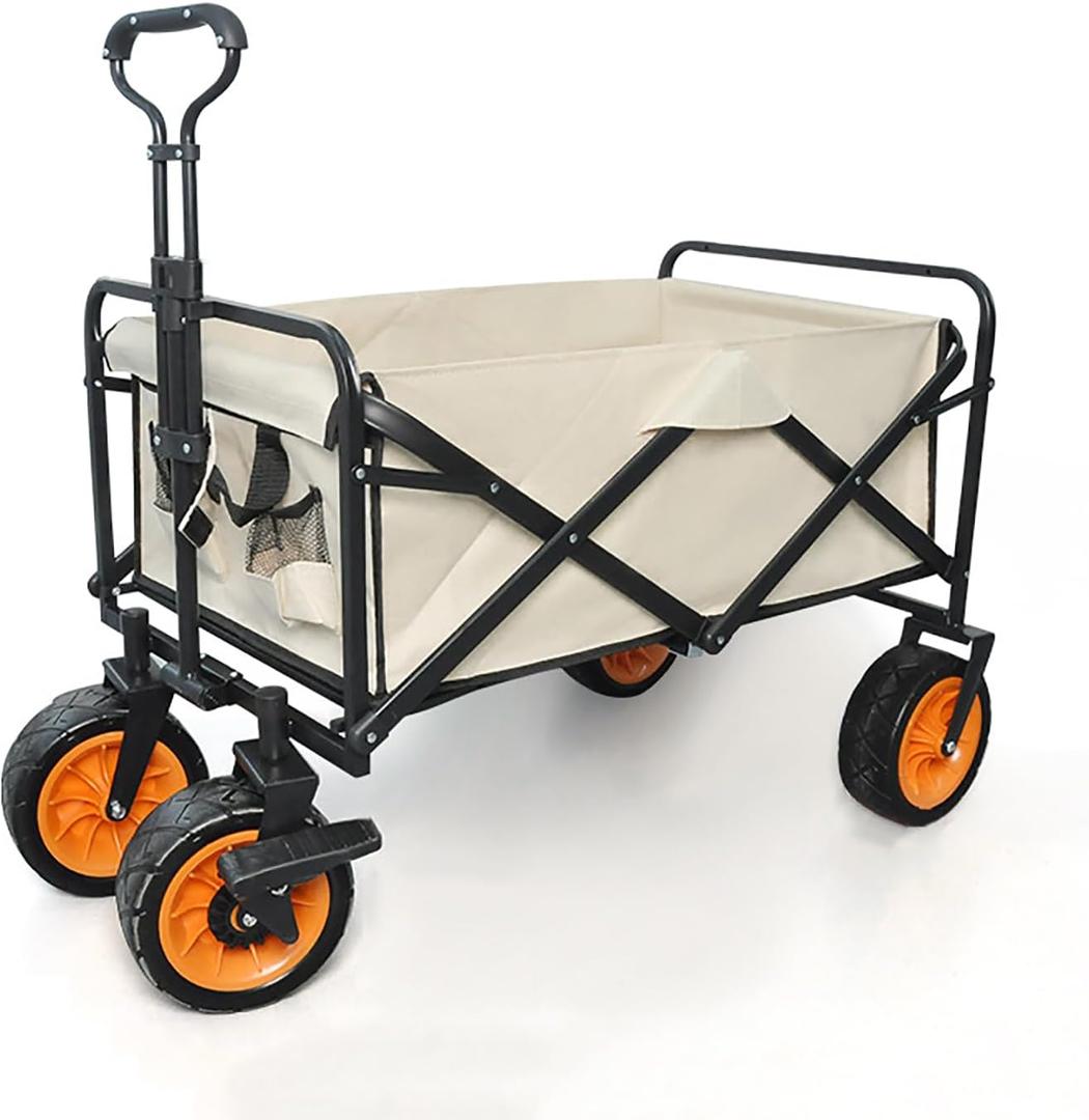 Collapsible Wagon, Portable Folding Wagon, Heavy Duty Utility Carts, Beach Wagon Cart with Side Pocket and Brakes, Beige Outdoor Camping Wagon with Large Capacity