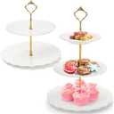 SOUJOY Set of 2 Porcelain Tiered Cupcake Stand, White Embossed Dessert Stand with Gold Rod, 3 Tiers and 2 Tiers Serving Trays for Tea Party Wedding Baby Shower Home Birthday