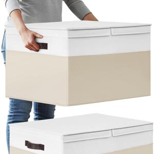 2 Pack EXTRA LARGE Blanket Storage Baskets with Lids, 22x16x12 Closet Organizers Bins for Clothes Towel/ Toy Storage Box with Lid Handles/ Stackable Decorative Fabric Bins for Living Room, Nursery (White with Beige)