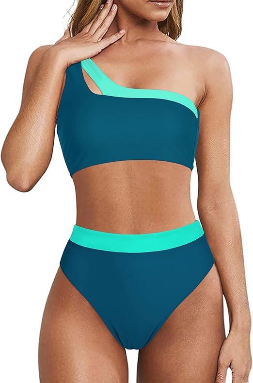 MOOSLOVER Women Cutout One Shoulder High Waisted Bikini High Cut Two Piece Swimsuits(M)