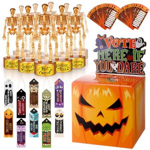 73 Pcs Halloween Party Supplies Set Halloween Costume Contest Ballot Box Voting Ballots Skeleton Trophy Award Ribbons Gold Stickers for Home Office Vote Party Game(Pumpkin)
