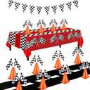 Racing Cars Birthday Decorations,Racecar Centerpiece Decoration - Orange Racing Cones(12), Checkered Flags (24), Plastic Tablecloth (54"x108"),Floor Runner,Banner Race Car Party(40pcs)