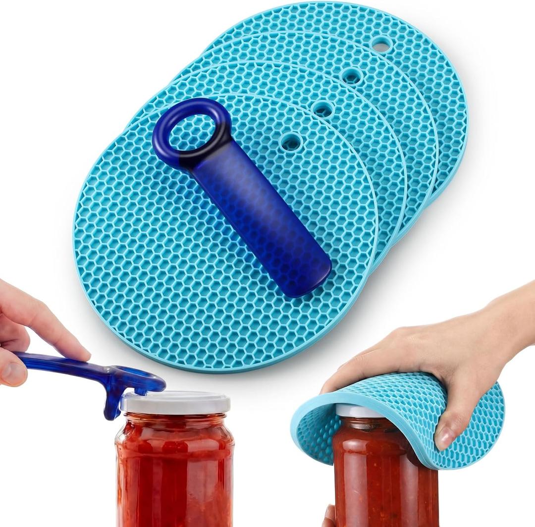 LemonRoad 5 Pack Jar Opener Tool Include 1 Jar Lid Opener for Weak Hands & 4 Silicone Trivet Mats, Plastic Jars Bottle Lid Openers with Silicone Open Gripper for Senior Kitchen Accessories (Blue)
