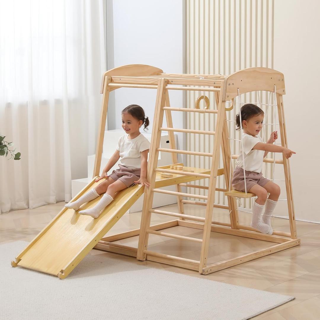 2024 Upgraded Indoor Jungle Gym for Toddlers, Indoor Playground Climbing Toys for Kids 2-10yrs, with Rock Climb Wall, Slide, Wood & Rope Ladder, Monkey Bars,Climbing Rope & Wall and Swing