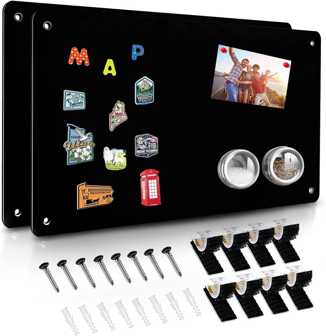 2Pack Black Magnetic Board,17.5" x 11.4" Magnet Bulletin Board to Display Magnetic Notes, Poetry, Photos, Suitable for Wall, Refrigerator, Cabinet etc, Come with 8 Pcs Dual Lock Tape and Screws