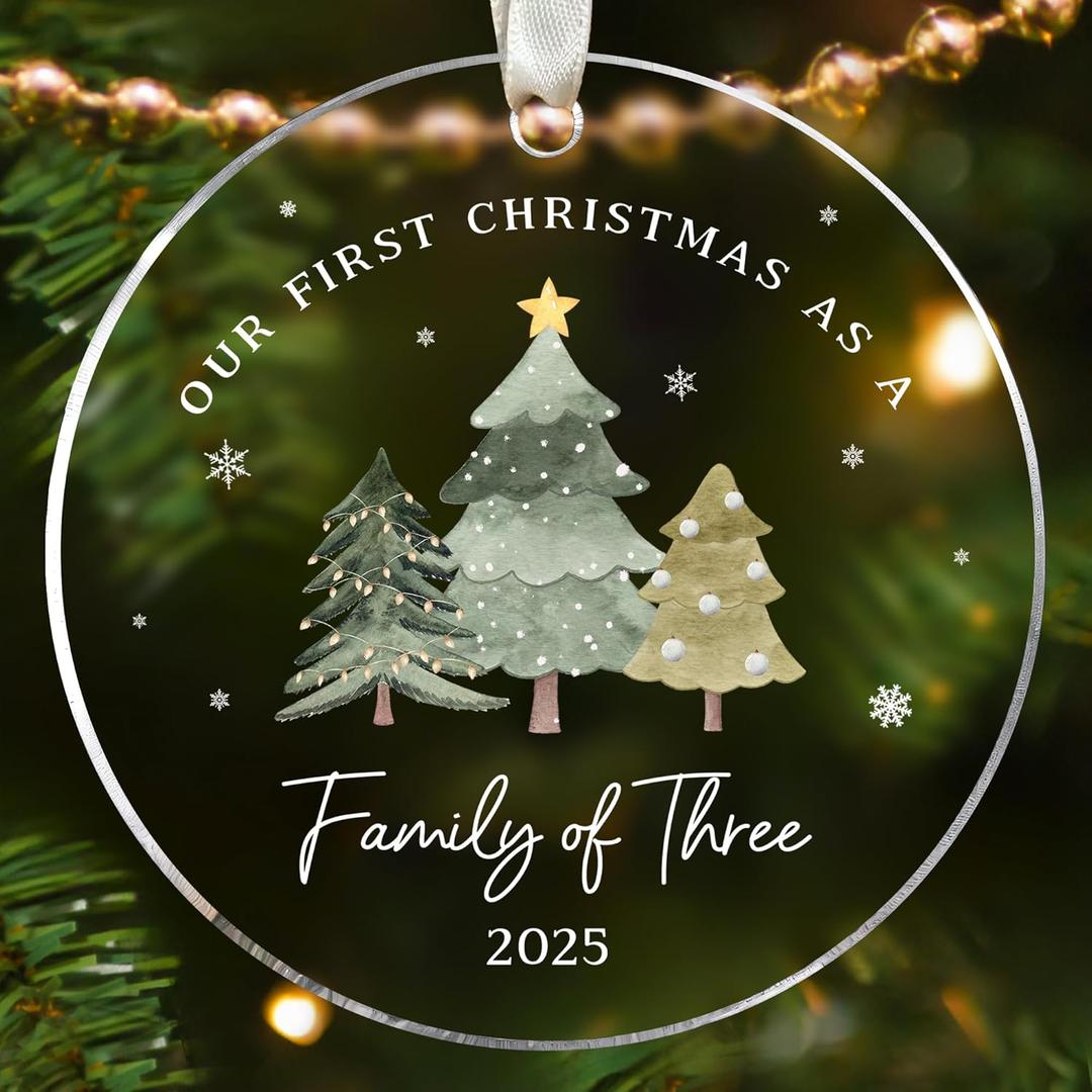 Baby First Christmas Ornament 2025 - Family of Three Christmas Ornament 2025 - First Time Mom Dad, New Parents - Babys Gifts for Xmas - Acrylic 1st Baby Family of 3 Ornament
