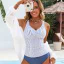 Womens Ruffle Tankini Set Modest Tummy Control High Waisted Bottom (Blue, XL)