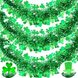 TURNMEON 3 Pack Total 49.2 Ft St.Patrick's Day Tinsel Garlands Decorations DIY Shamrocks Wreath for Front Door Irish Leprechaun Hat St.Patrick's Day Decorations Outdoor Indoor Home,16.4Ft by 4.3" Each