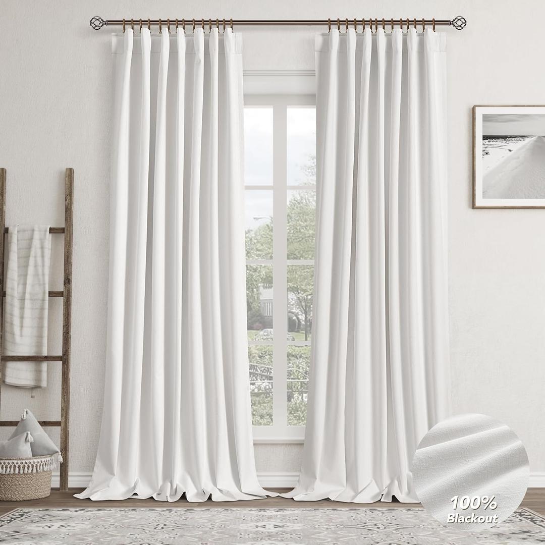 Ivory Linen Blackout Curtains for Bedroom 96 Inch Length 2 Panels Set Back Tab Pocket Neutral Farmhouse Living Room Darkening Curtains Track System Thermal Insulated Black Out Drapes 52x96