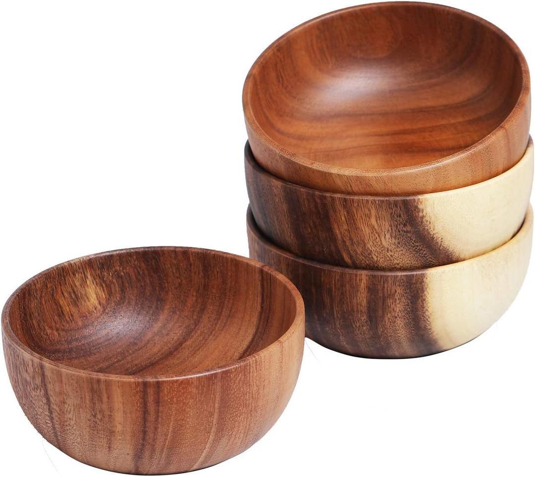 Acacia Wood Salad Bowls 6.3inches Set of 4 Individual Large Wood Bowl for Fruits Salads and Decoration