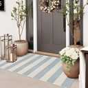Boho Striped Outdoor Mats for Front Door 2'x4.3',Blue and Cream Washable Rug Runner,Cotton Hand Woven Indoor Outdoor Rugs,Foldable Farmhouse Layered Door Mats for Entryway