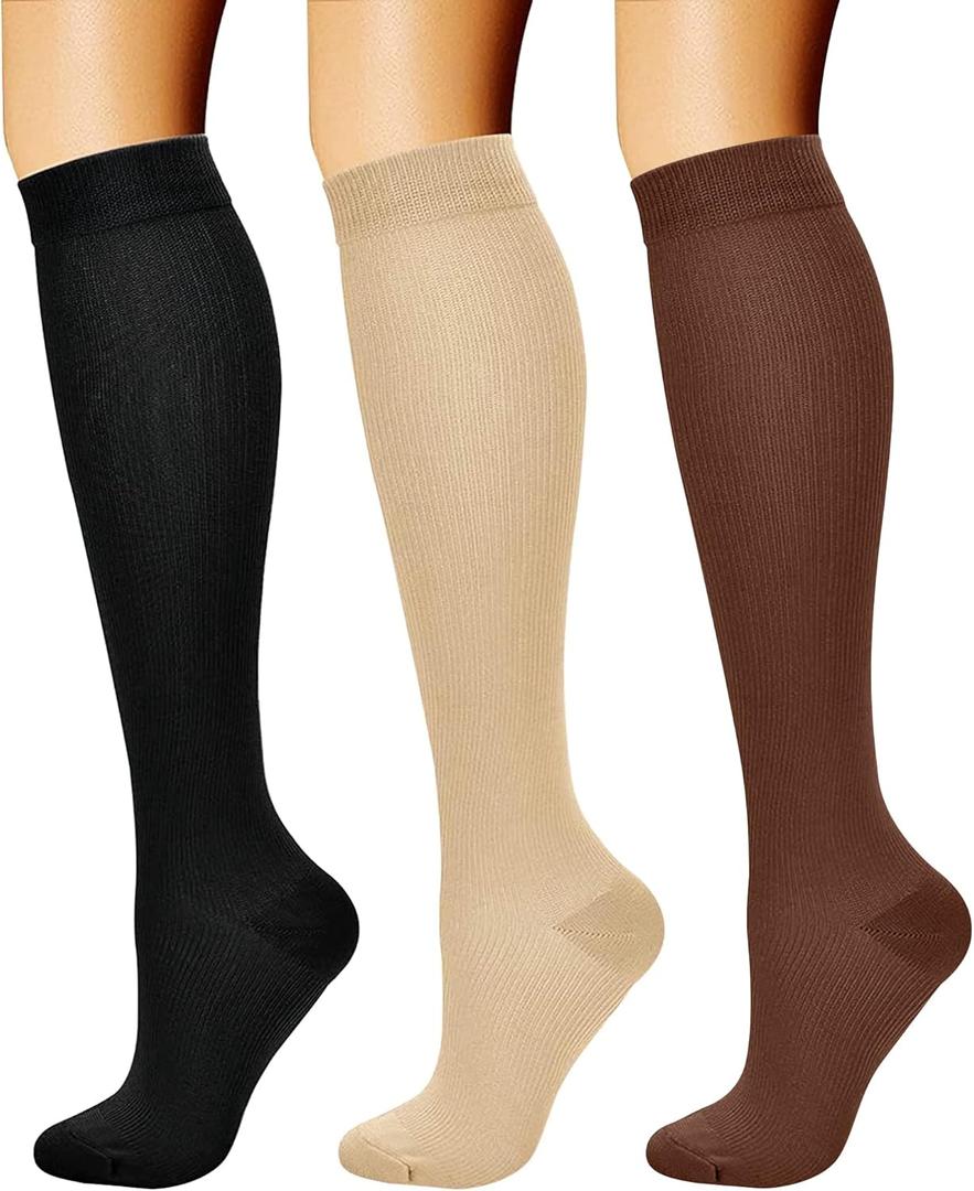CHARMKING Compression Socks for Women & Men Circulation (3 Pairs) 15-20 mmHg is Best Support for Athletic Running Cycling (Small-Medium, 08 Black/Coffee/Beige)