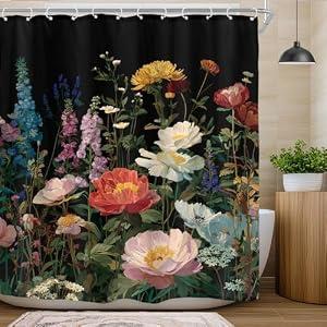 Riyidecor Black Dark Floral Shower Curtain for Bathroom Decor 72Wx72H Vintage Wildflower Flower Boho Blossom Leaves Plants Botanical Women Art Printed Fabric Polyester Waterproof 12 Pack Plastic Hooks