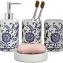 Chinese Blue and White Porcelain Bathroom Set  4-Piece Ceramic Bath Accessory Set with Lotion Dispenser, Toothbrush Holder, Tumbler, and Soap Dish